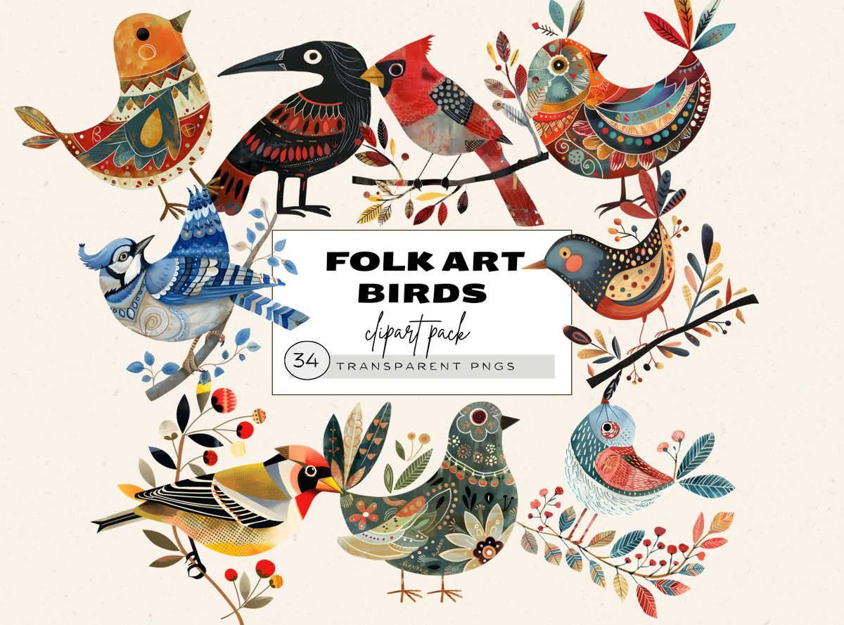 Folk Art Birds, clipart pack z mého Etsy obchodu